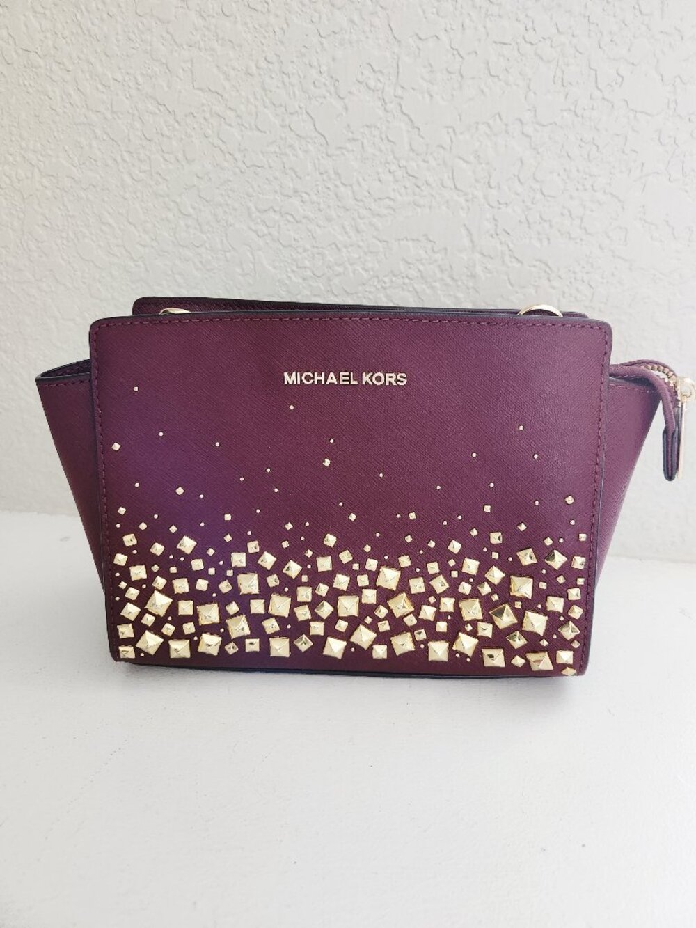New Michael Kora Selma Burgandy Studded Crossbody Bag Satchel
